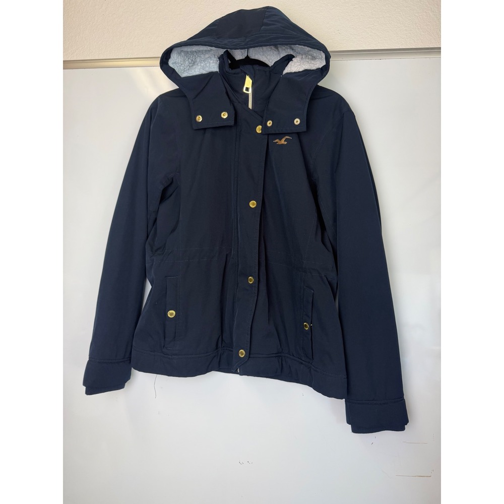 Hollister All-Weather Navy Blue Sherpa Lined Hooded Jacket Gold Hardware Medium